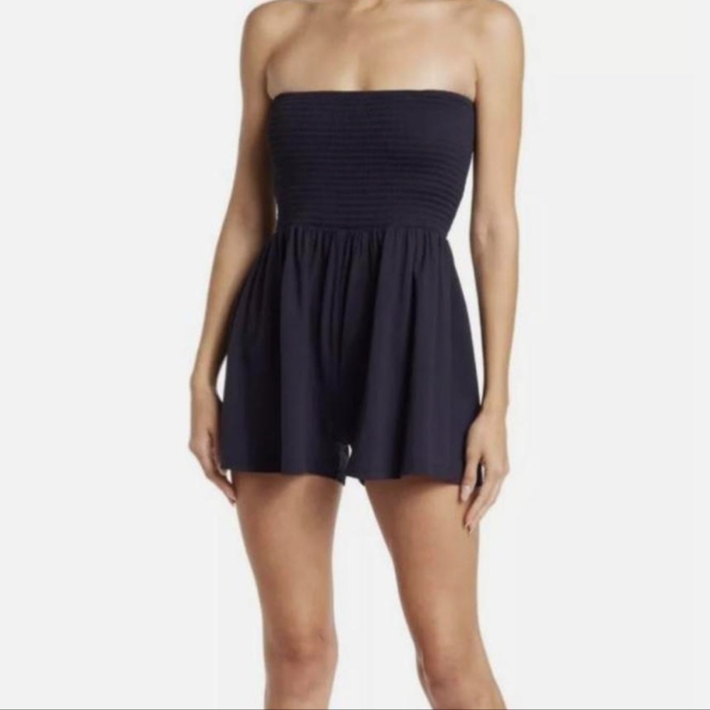 Susana Monaco navy blue strapless smocked short romper playsuit